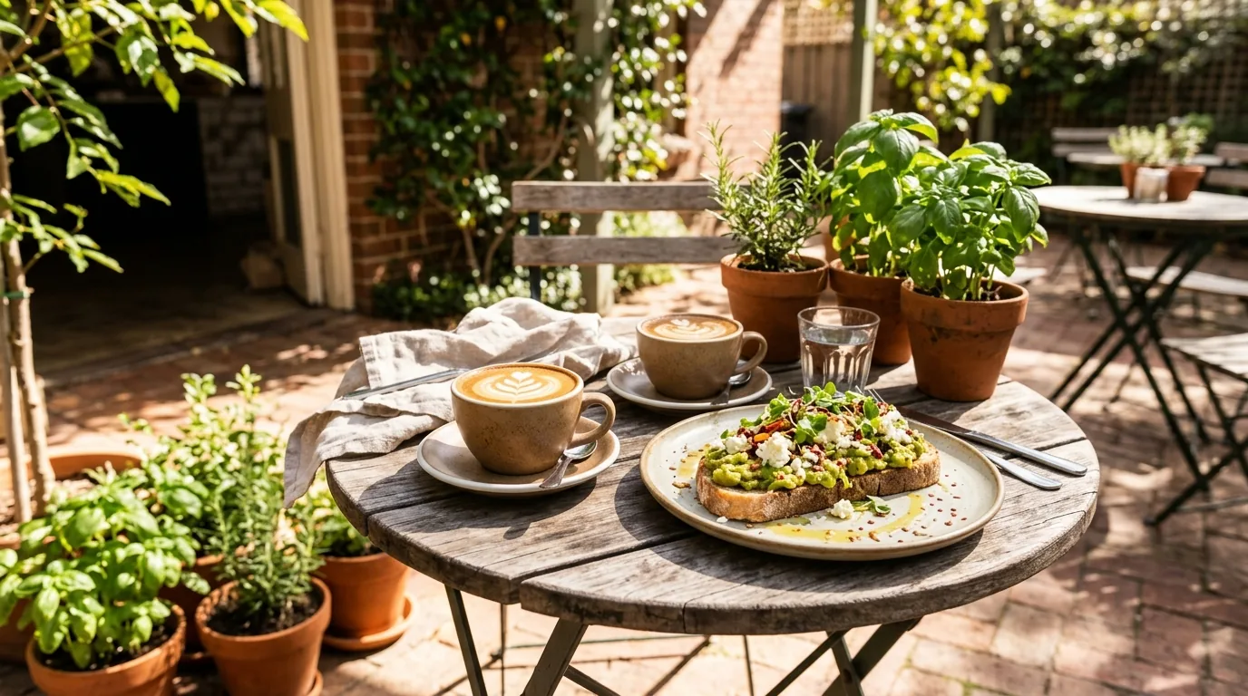 Two cappuccinos and avocado toast on a small table among potted herbs