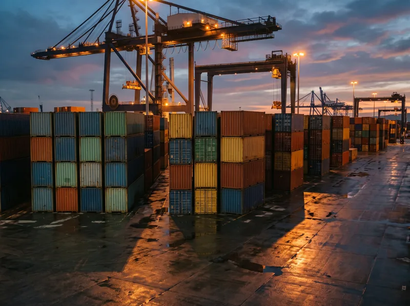 Shipping containers stacked in even rows in a port yard at dusk under crane lights