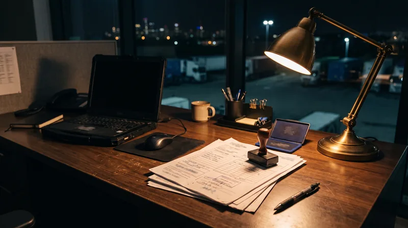 A dispatcher's desk at night: printed shipping documents, a stamp and a pen beside a laptop