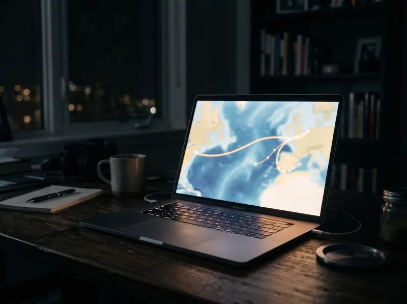 A laptop on a dark desk showing a sea map with a glowing route line