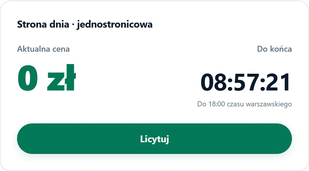 Karta strony dnia na stronie aukcji