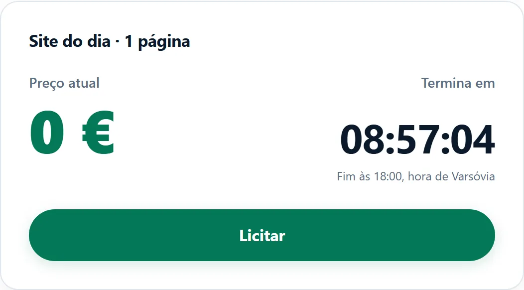 O cartão do site do dia na página do leilão