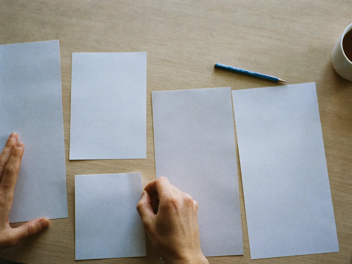 Hands laying out blank paper cards on a wooden desk to plan the blocks of a page
