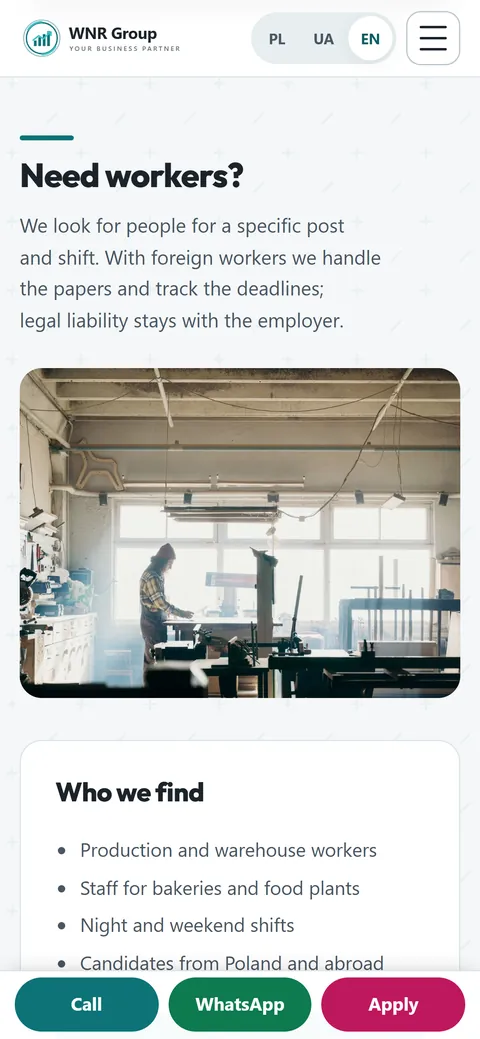 The section for employers on wnrgroup.work on a phone