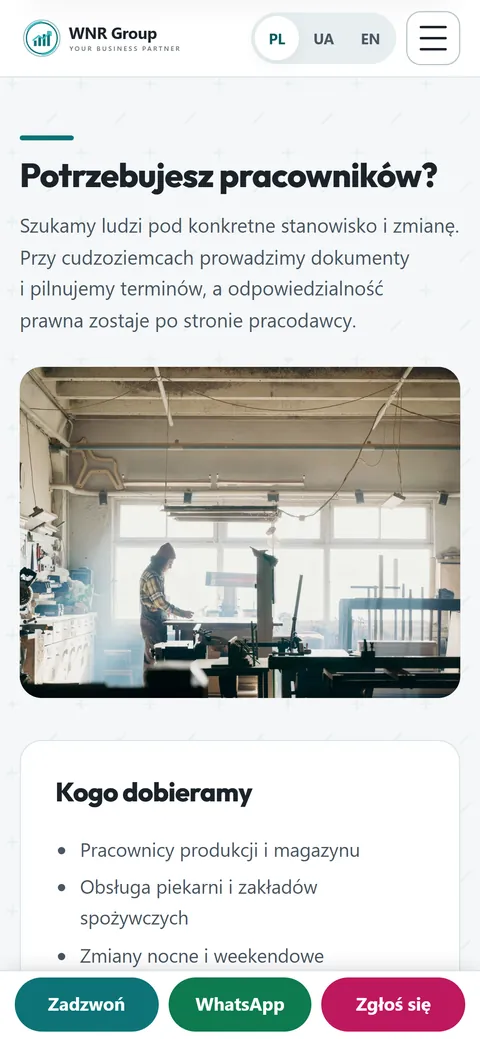 Sekcja dla pracodawców na wnrgroup.work na telefonie