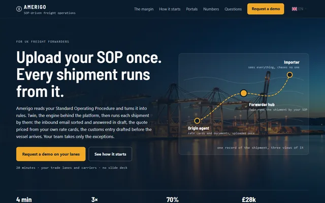 First screen of the Amerigo freight platform page