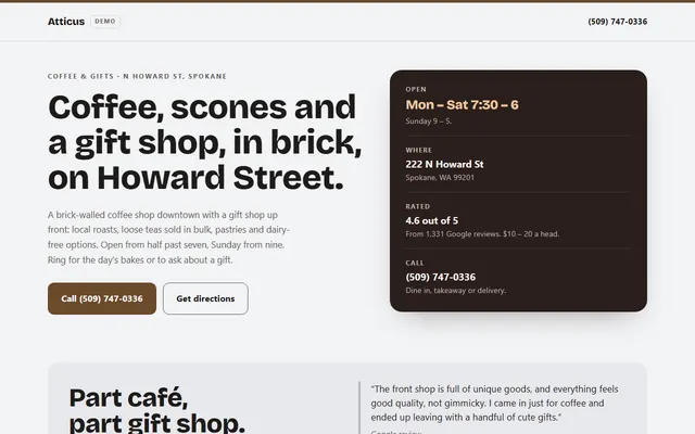 Atticus Coffee & Gifts, primeiro ecrã