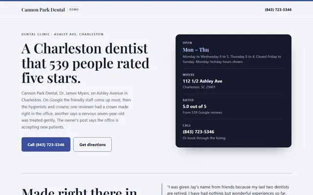 Cannon Park Dental, primeiro ecrã
