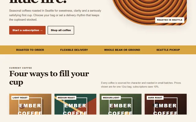 Pierwszy ekran sklepu subskrypcyjnego Ember Coffee Roasters