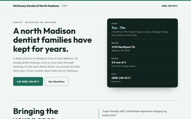 McKinney Dental of North Madison, першы экран