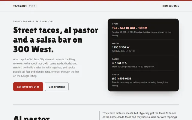 Tacos 801, primeiro ecrã