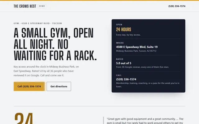 The Crows Nest Fitness, primeiro ecrã