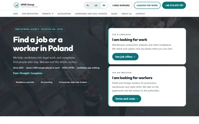 First screen of the WNR Group site, an employment agency in Warsaw