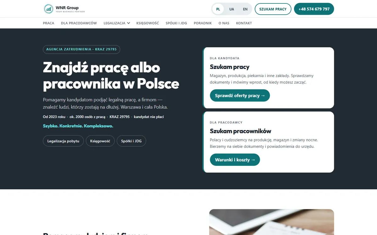 Strona główna WNR Group na komputerze: jedno wejście dla szukających pracy, drugie dla pracodawców