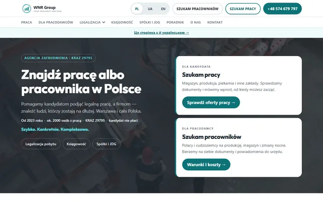 Pierwszy ekran strony WNR Group, agencji zatrudnienia z Warszawy