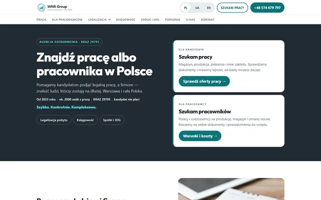 Перший екран сайту WNR Group, агенції з працевлаштування у Варшаві